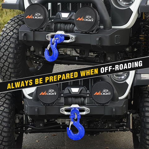 Forged Steel Winch Hook Set 3/8 Inch Grade 70 Safety Latch on off-road Jeep with attached blue hook for recovery, Jeeps trucks ATVs UTVs