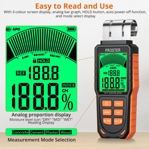 Rechargeable Moisture Meter With Five Modes Pinless 40mm Depth For Walls Floors And Ceilings Do It Yourself Friendly Non Destructive Moisture Testing In Concrete Cement Plaster And Wood, front view