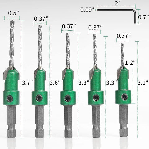 Pro Grade Countersink Drill Bit Set For Wood 5 Piece Includes Sizes 4, 6, 8, 10, 12 High Speed Steel Quick Change Hex Shank