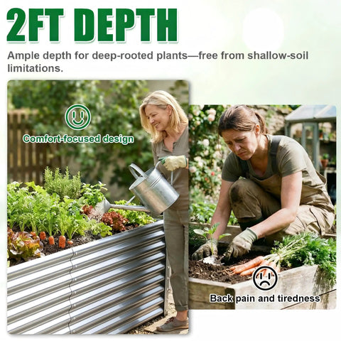 Tall Galvanized Raised Garden Bed Kit For Outdoor Patio 6x3x2ft Deep Root Planter Boxes, woman using elevated metal bed