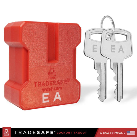 Power Plug Lockout Device for 2 or 3 Prong Plugs, OSHA Compliant Lockout Lock, Keyed Alike 5 Pack with keys visible, red color
