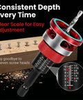 Top Shelf 7 Piece Countersink Drill Bit Set For Woodworking With Adjustable Depth Stop To Nail A Slick Flush Finish Every Time Includes Hex Key And Screwdriver Bit For Your Daily DIY Grind, showing a depth adjustment tool with scale.
