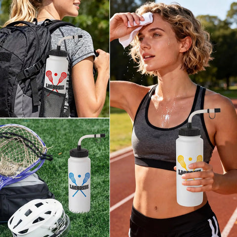 Collage of 6 Pack Lacrosse Water Bottles With Extra Long Straws And Caps 1 Liter BPA Free Reusable Hydration Bottles in use outdoors