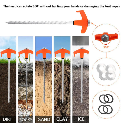 8 Inch Heavy Duty Screw In Tent Stakes 12 Pack With Hex Socket And Storage Case Drill In Ground Anchors For Camping Galvanized Carbon Steel Built Tough For Rugged Windy Weather, showing stakes in different soil types and 360-degree rotation head