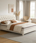 Queen Size Bed Frame With Plush Velvet Upholstered Headboard And Elegant Button Tufting Featuring Heavy Duty Wooden Slats For Zero Hassle Sleep No Box Spring Needed Straight Up Cozy Beige in stylish bedroom setting.