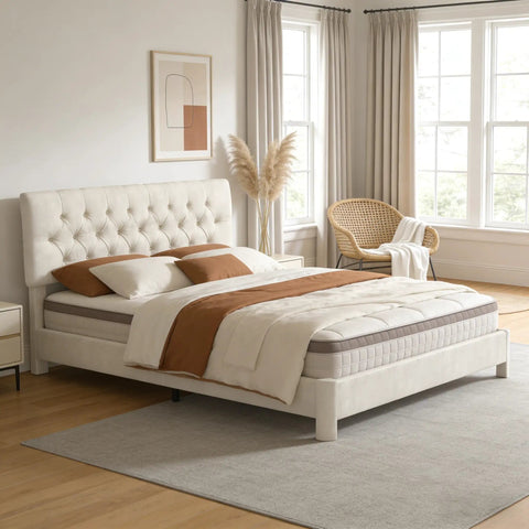 Queen Size Bed Frame With Plush Velvet Upholstered Headboard And Elegant Button Tufting Featuring Heavy Duty Wooden Slats For Zero Hassle Sleep No Box Spring Needed Straight Up Cozy Beige in stylish bedroom setting.