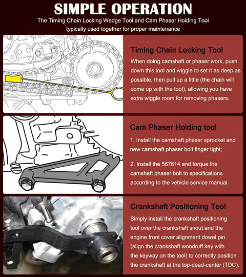 Ford Camshaft Tool Complete Combo Set For 4.6L 5.4L And 6.8L 3V Engines illustrating timing chain locking wedge, cam phaser holder, and crankshaft positioning tool.