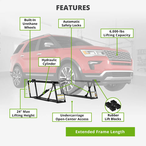 6000TLX Portable Car Lift Bundle With Pinch Weld Blocks And Wall Hangers ALI Certified 110V Power Unit displaying features
