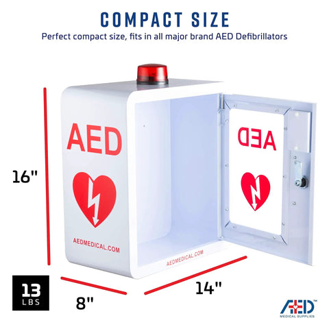 Heavy Duty Stainless Steel AED Wall Mount Cabinet For Defibrillators with dimensions 16x14x8 inches, showing secure door and emergency strobe.