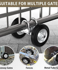6 Inch Rolling Gate Wheel Carrier For Driveway Heavy Duty Steel Wheel With Rubber Wheel For Swing Or Sliding Gates Supports Up To 600 Pounds Chain Link Fence Compatible Gate Helper shown on various gates
