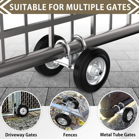 6 Inch Rolling Gate Wheel Carrier For Driveway Heavy Duty Steel Wheel With Rubber Wheel For Swing Or Sliding Gates Supports Up To 600 Pounds Chain Link Fence Compatible Gate Helper shown on various gates