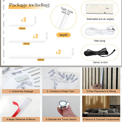 Six Light LED Recessed Wall Panel Lighting Kit For Wood Slat Walls DIY Friendly With Self Adhesive Strip Lights 4000K components