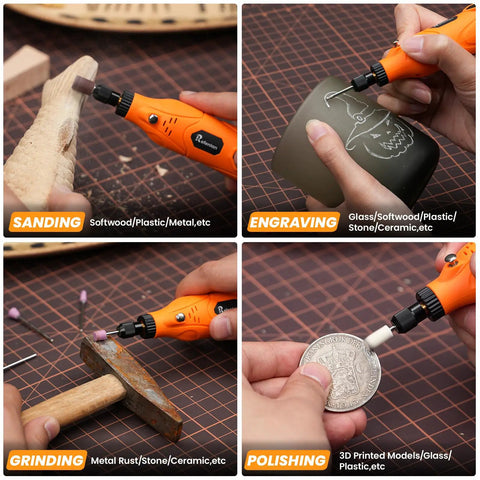 User demonstrating Nitty Gritty Mini Cordless Rotary Tool for sanding, engraving, grinding, and polishing tasks on various materials.