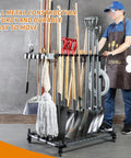 Heavy Duty Garden Tool Organizer And Garage Storage Rack For Long Handled Tools Shovels Rakes And Small Accessories Metal Tool Cart Holds Up To 22 Long Tools Space Saving Durable Yard Maintenance Stand shown in use holding various tools.