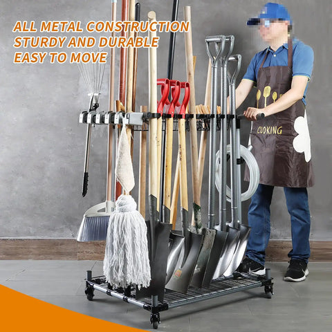 Heavy Duty Garden Tool Organizer And Garage Storage Rack For Long Handled Tools Shovels Rakes And Small Accessories Metal Tool Cart Holds Up To 22 Long Tools Space Saving Durable Yard Maintenance Stand shown in use holding various tools.