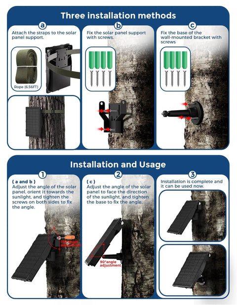Installation guide for Solar Panel Kit For Trail Cams With 6000mAh Battery And 12V Output IP66 Waterproof showing mounting methods.