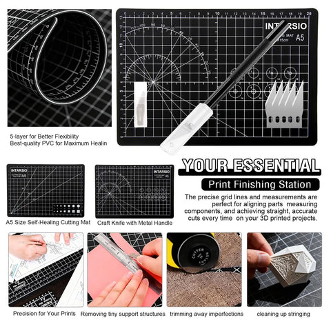 A5 cutting mat with tools from 52 Piece 3D Printer Tools Kit For FDM And SLA Printers With Deburring Tool Nozzles Scrapers Files