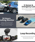 Car accident highlighting 4 Channel Dash Cam With 360 Degree View For Cars, featuring G sensor, 24-hour parking monitor, loop recording.