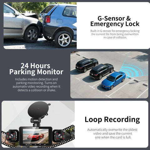 Car accident highlighting 4 Channel Dash Cam With 360 Degree View For Cars, featuring G sensor, 24-hour parking monitor, loop recording.