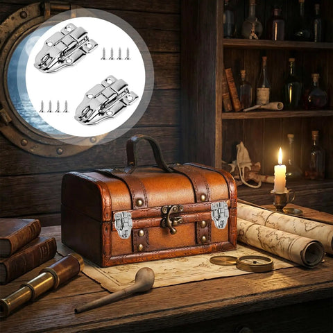 Two Pack Duckbilled Box Hasp Lock Toggle Latch With Padlock Hole shown on vintage trunk, modern silver finish, screws included