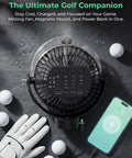Close-up of 2-Pack Magnetic Golf Cart Misting Fan With Heavy-Duty Strap And 12000mAh Battery next to golf glove and phone