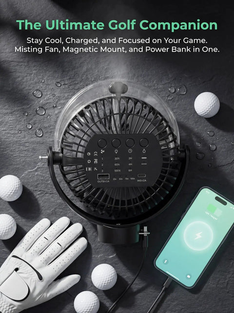 Close-up of 2-Pack Magnetic Golf Cart Misting Fan With Heavy-Duty Strap And 12000mAh Battery next to golf glove and phone
