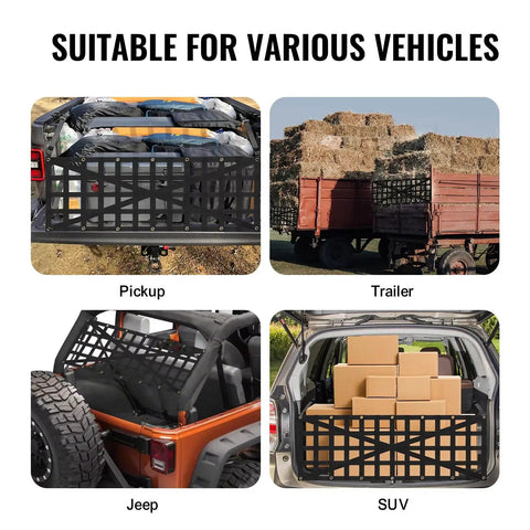 Heavy Duty Truck Tailgate Cargo Net For Tesla Cybertruck With Bulletproof Reinforced Polyester Webbing in various vehicles showing storage.