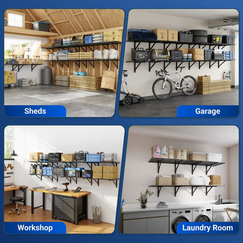 2 Pack 2x6ft Heavy Duty Garage Wall Shelves Set Black, Ultra Strong Storage Racks For Tools Bins And Gear, 3200 Lbs Tested Capacity With 1600 Lbs Total Rated, 800 Lbs Per Shelf, Easy Install Wall Mount System in shed, garage, workshop, laundry room