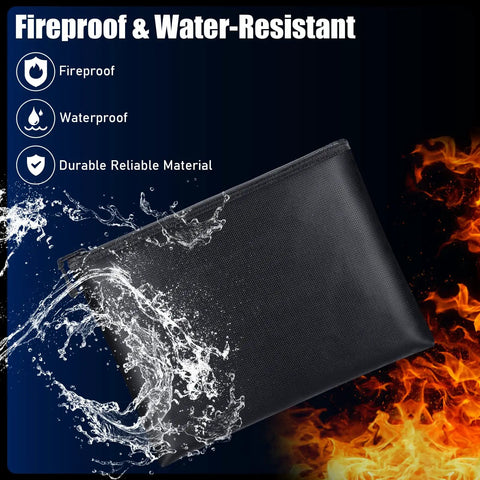 Black pouch from 4 Pack Fireproof Document Bags Waterproof Safe Storage Pouches With Zipper For A4 Documents Money Passport And Tablet Beefed Up Heat Travel Ready Everyday Use with water splash and flames.