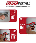 Step-by-step guide for installing the Universal M18 18V Tool Organizer Rack For Five Cordless Tools, illustrating place, screw, and snap actions.