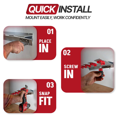 Step-by-step guide for installing the Universal M18 18V Tool Organizer Rack For Five Cordless Tools, illustrating place, screw, and snap actions.