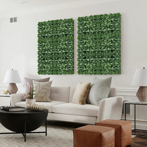 Realistic Fake Ivy Privacy Fence Screen 40x120 Inches For Indoor Outdoor Use displayed on white living room wall