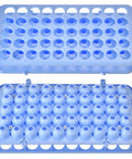 Six Pack Plastic Test Tube Holder Rack With Silicone Pad For 5 10 15 Milliliter Tubes 18 mm Hole Diameter 50 Holes Blue Organizer