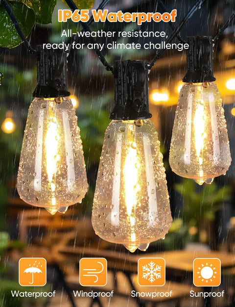 Close-up of 120 Foot Outdoor LED String Lights With Remote Waterproof Patio Lighting With 38 Shatterproof ST38 Bulbs.