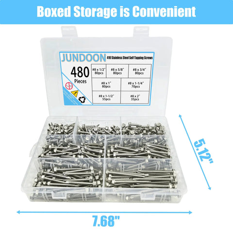 410 Stainless Steel Self Tapping Screws Kit 420 Pieces Sizes 8 And 10 in labeled storage box