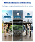 All Season Hardtop Metal Roof Gazebo With Mosquito Netting And Privacy Curtains For Backyard Patio Deck Built Tough Heavy Duty Outdoor Shelter That Stands Up Year Round Brown 10x12 Ft showing UV, waterproof, snow resistant features
