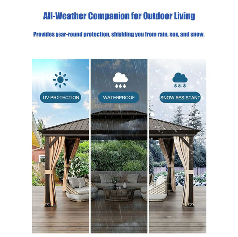 All Season Hardtop Metal Roof Gazebo With Mosquito Netting And Privacy Curtains For Backyard Patio Deck Built Tough Heavy Duty Outdoor Shelter That Stands Up Year Round Brown 10x12 Ft showing UV, waterproof, snow resistant features