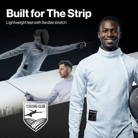 Men's 350N Fencing Jacket Pro-Grade Protection, fencers in white jackets with helmets and swords, close-up and action pose.