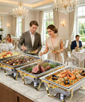 Guests serving from Super Sized Buffet Chafing Dishes Set, 4 Full Size Stainless Steel Food Warmers With Stackable Design at an elegant event