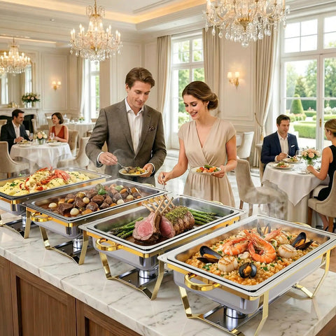 Guests serving from Super Sized Buffet Chafing Dishes Set, 4 Full Size Stainless Steel Food Warmers With Stackable Design at an elegant event