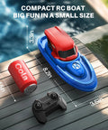 Dual RC Boat Battle Pack For Kids 8 To 12 With LED Lights, red and blue RC boat, cola can, and remote on deck.