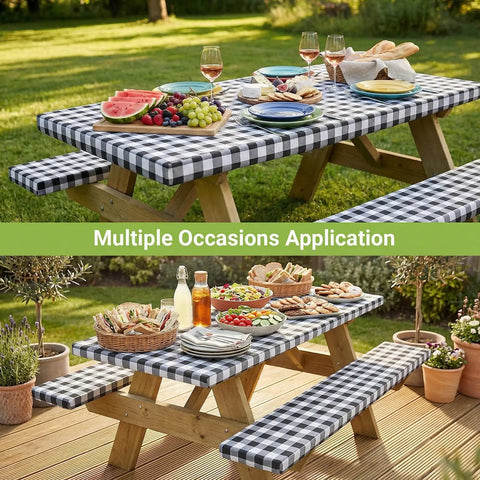 Buffalo Plaid Picnic Table Cover Set With Bench Covers For 6 Foot Tables Waterproof Elastic Fitted Tablecloth Outdoor Ready