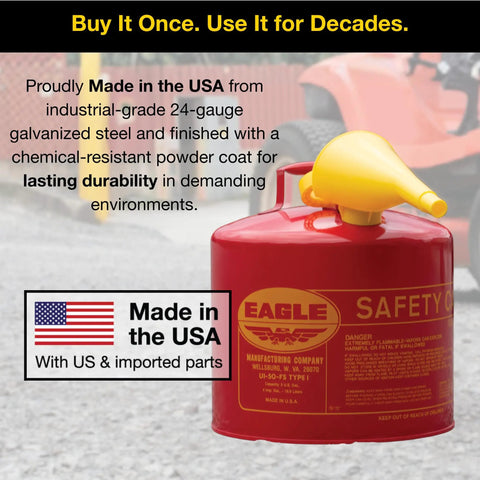 Built Tough 5 Gallon Red Type I Safety Gas Can Featuring Spill Proof Self Closing Cap And Quick Fill Funnel For Rock Solid Gasoline Storage And Hassle Free Transfers