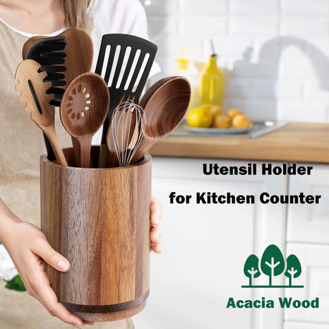 Acacia Wood 360 Degree Rotating Utensil Holder for Countertop with kitchen tools, 7.2 inch big size, easy access organizer