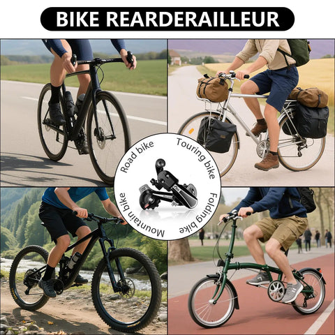 Cyclists on various bikes with 7 Speed Direct Mount Rear Derailleur For Mountain Tricycle Commuter And Cruiser Bikes