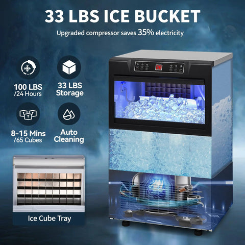100 Pound Ice Maker Machine For Home Cafe Bar And Restaurant Use Under Counter Or Freestanding ETL And DOE Certified Big Capacity Ice Maker With 33 Pound Storage Bin And 45 Cubes Per Cycle Top Mounted Button For Easy Operation