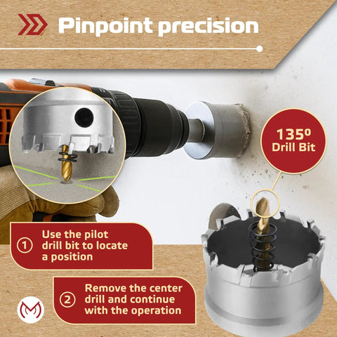 Carbide Hole Saw Kit 12 Pieces From Five Eighth Inch To Two And One Eighth Inch Tough As Nails Set For Hard Metal Stainless Steel Iron Wood And Plastic With Titanium Pilot Bits For Precise Cutting in use drilling into wall.