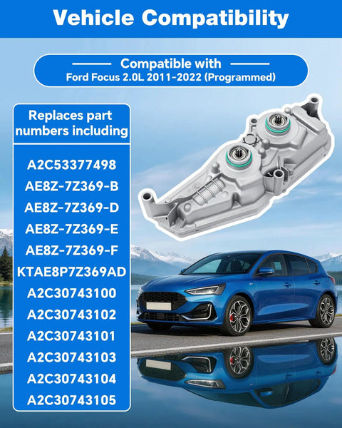 Ford Focus 2.0L DPS6 TCM Transmission Control Module Pre-Programmed Plug And Play Replacement Unit 2011-2022 Easy Install Fixes Hard Shifting Delayed Engagement A2C53377498 AE8Z-7Z369-F, shown with Ford Focus