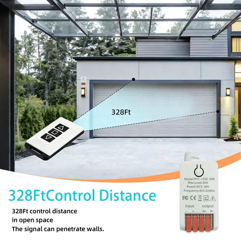 Dual Way Remote Switch For DC 12V To 30V Actuators, 30A Max shown with 328 feet wireless control range for home automation