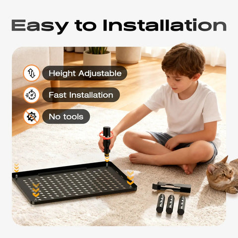 Child assembling components of 3 Height Adjustable Monitor Stand Riser For Desk And Workstation Elevates Computer Laptop TV And Printer